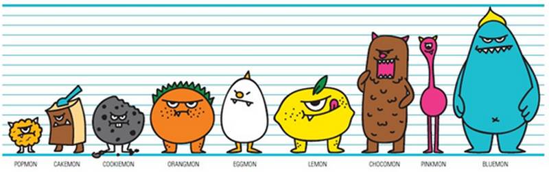 (左起)PopMON、CakeMON、CookieMON、OrangMON、EggMON、LeMON、ChocoMON、PinkMON、BlueMON。 