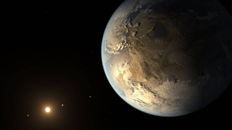 2. 開普勒-186f（Kepler-186f） NASA於2014年3月19日宣佈開普勒-186f的發現，它同樣位於天鵝座，距離地球約492光年，圍繞紅矮星開普勒-186公轉，公轉1圈需時129.9日。因為紅矮星開普勒-186嘅熱能同埋光度遠遠比唔上太陽，所以開普勒-186f嘅軌道要比地球更加接近母恆星先可能有液態水同埋大氣層，而其軌道啱啱位於適居帶，所以有可能存在生命。（藝術家筆下開普勒-186f幻想圖）