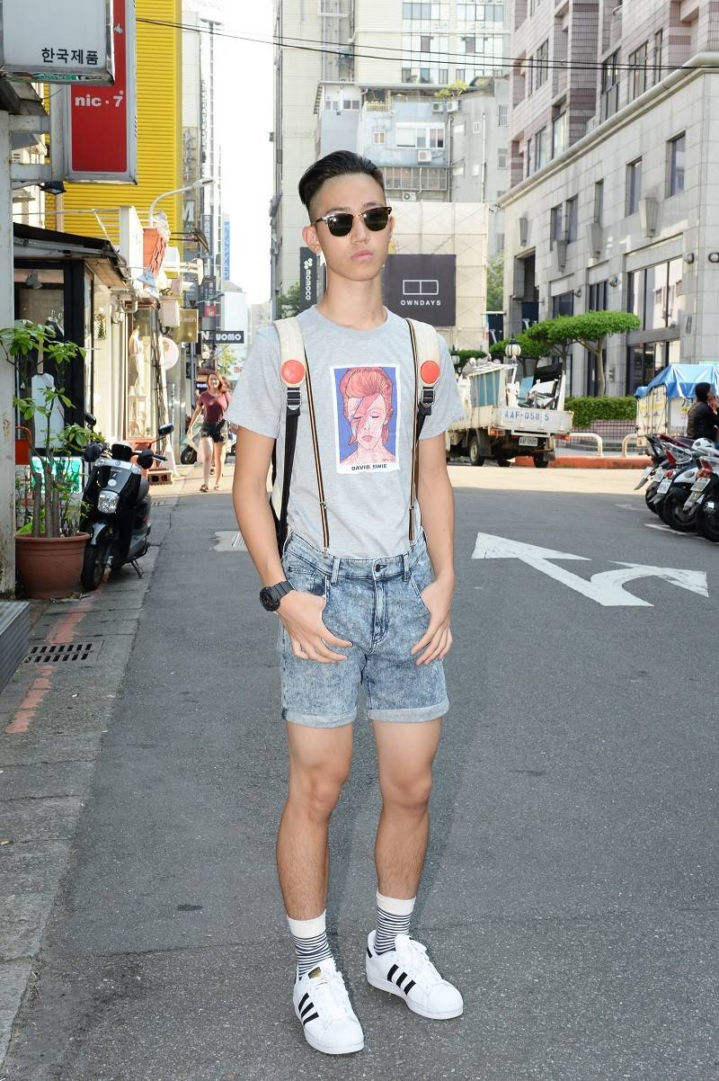 名字：Byon Wang 年齡：15 職業：學生 品牌：Tee（購於泰國古着店）、牛仔吊帶短褲（Sisley）、背囊（Marc Jacobs）、鞋（Adidas）